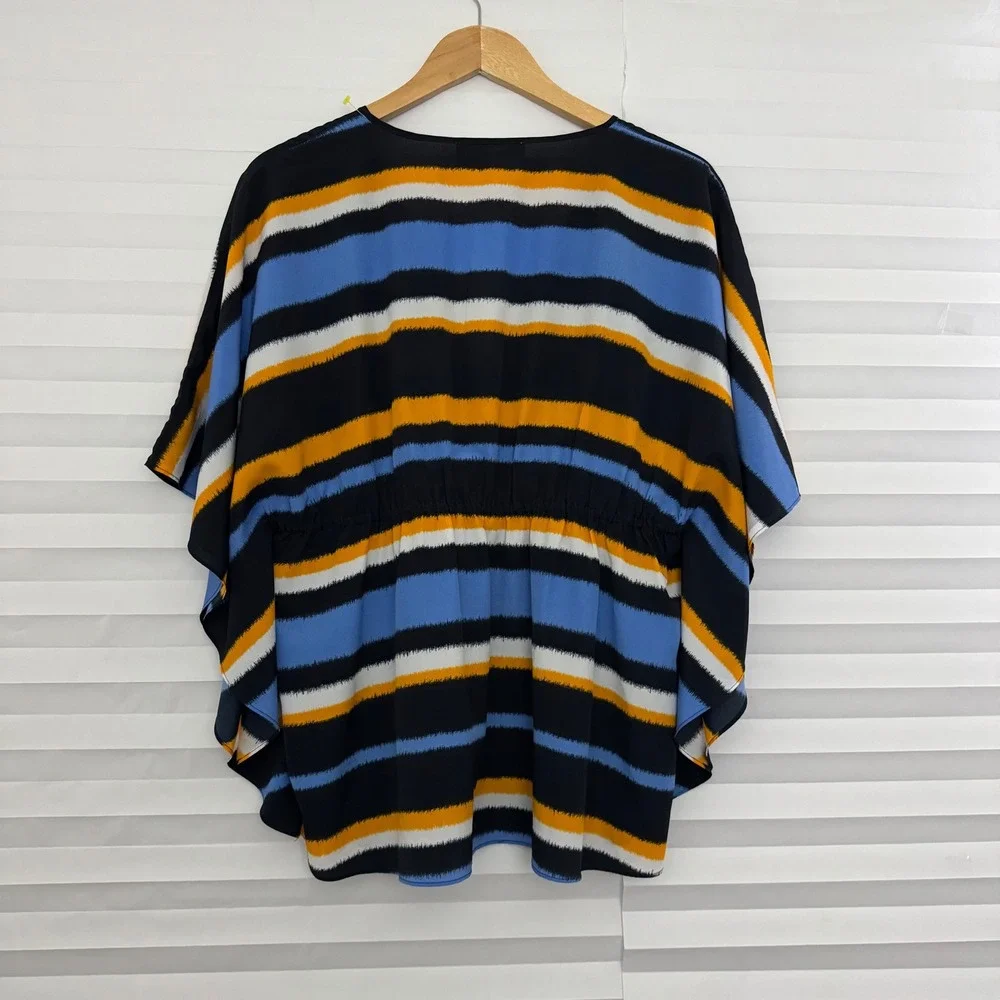 Michael Kors Womens Blue Orange Striped V-Neck Kaftan Empire Waist Top‎ Large